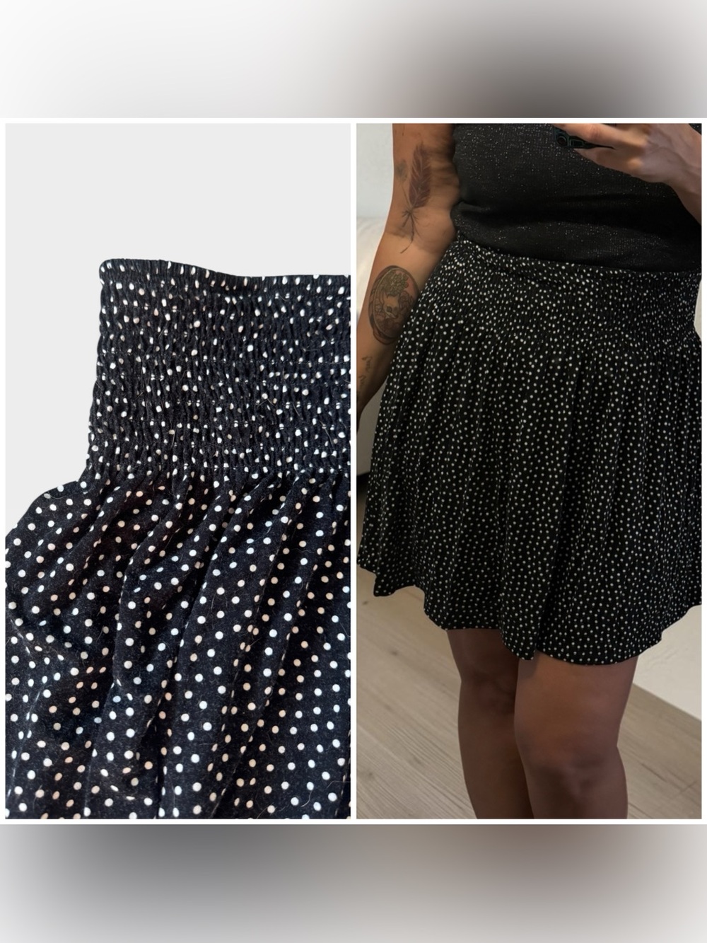 Cynthia Rowley Black Polka Dot Smocked Mini Skirt, Large